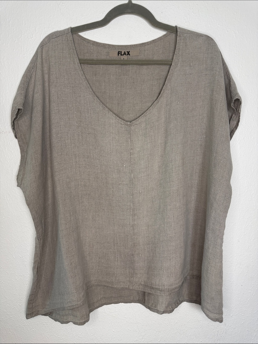 FLAX Women's Linen V-Neck Relaxed Top in Taupe